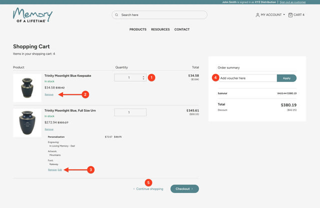 cart page with annotations pointing to options available on page