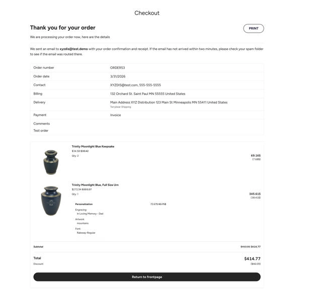 checkout complete screen showing print button and order summary