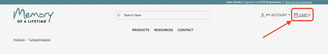 website header with arrow pointing to cart in upper right