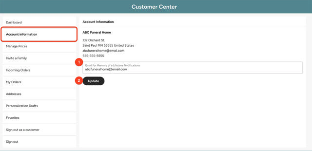 account information screen highlighting box to update email address for notifications