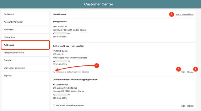 My addresses screen with arrows pointing to various options on the page