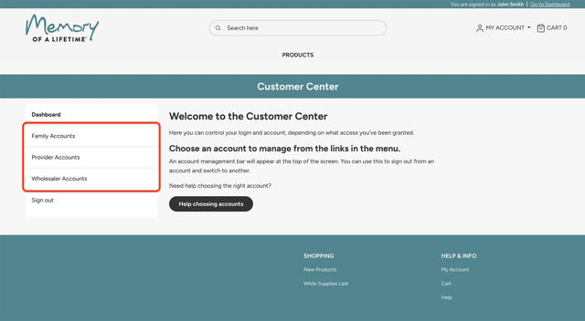 customer center screen with options for Family Accounts, Providers Accounts, and Wholesaler Accounts circled