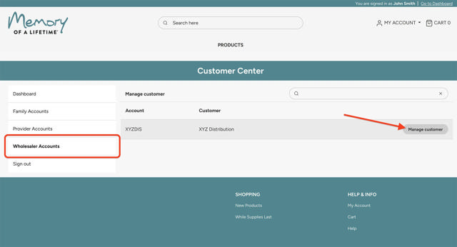 Manage customer menu for wholesalers with an arrow pointing to the Manage customer button on the right side of the screen
