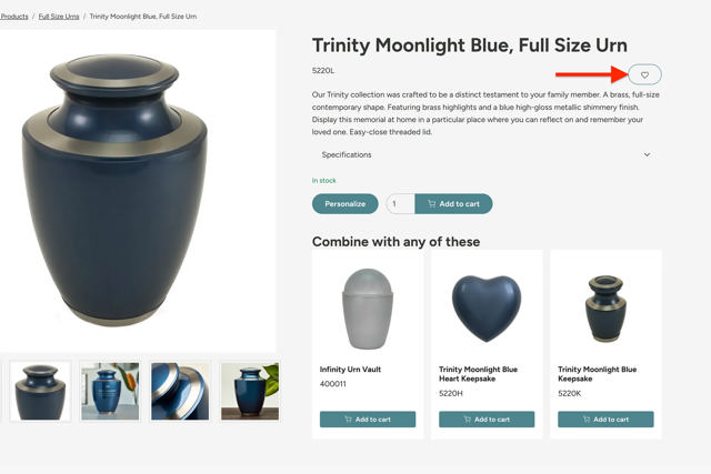 product page with a arrow pointing to a heart button on the right underneath the product name
