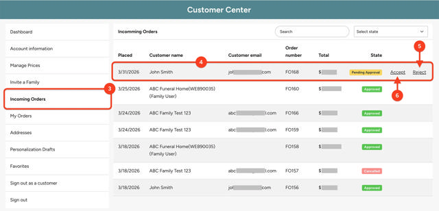 incoming orders screen with annotations for the order, accept, and reject buttons