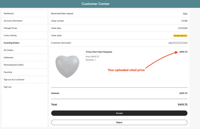 screenshot of an order pending approval. An arrow points to a price with the words 