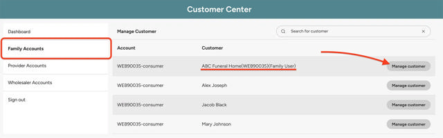 family account manage customer screen with arrow pointing to Manage Customer Button on right of screen