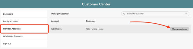 provider account manage customer screen with arrow pointing to Manage Customer Button on right of screen