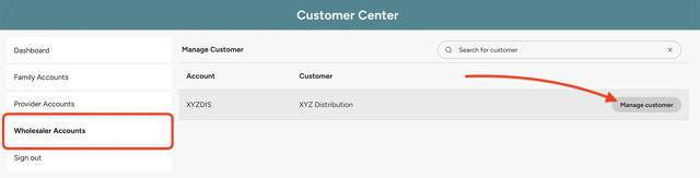 wholesaler account manage customer screen with arrow pointing to Manage Customer Button on right of screen