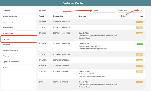 My Orders screen with arrows to the search bar and filter bars
