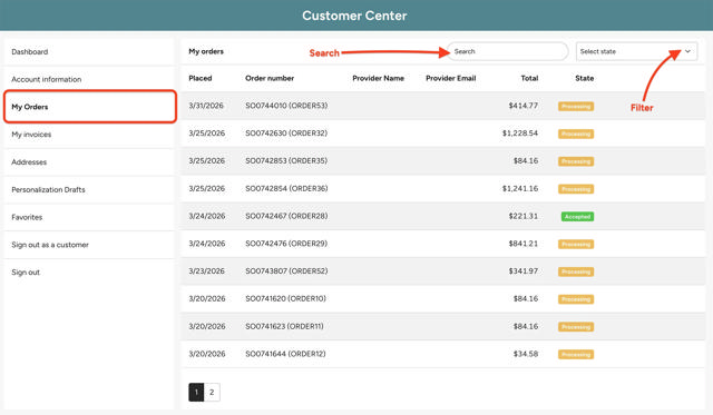 My Orders screen with arrows to the search bar and filter bars