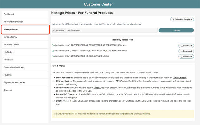 manage prices screen