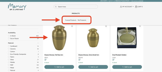 Expanded main menu and a product list page