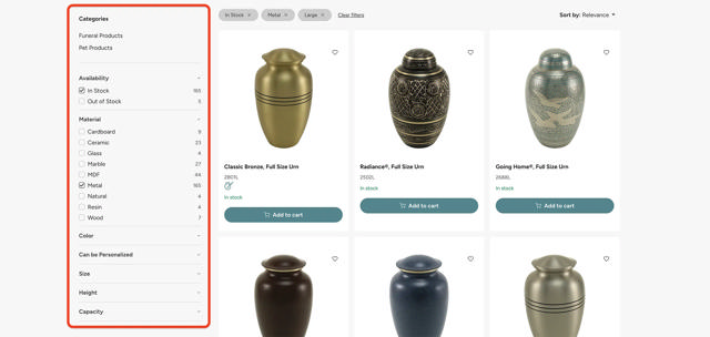filters shown on the left side of a product list page