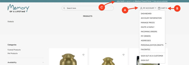 website header with arrows pointing to 