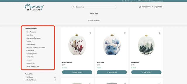 Subcategory menu highlighted on left side of a product list page