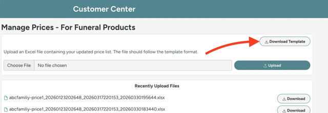 arrow pointing to download button on manage prices page