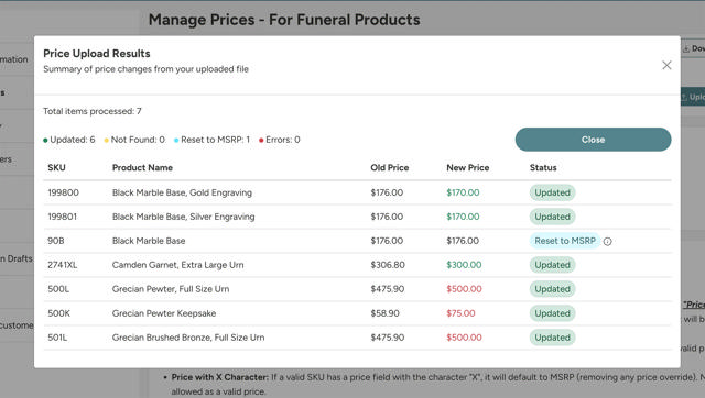 screenshot of price upload summary