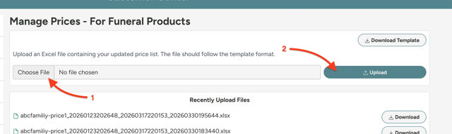 arrows pointing to choose file and upload buttons on manage prices page