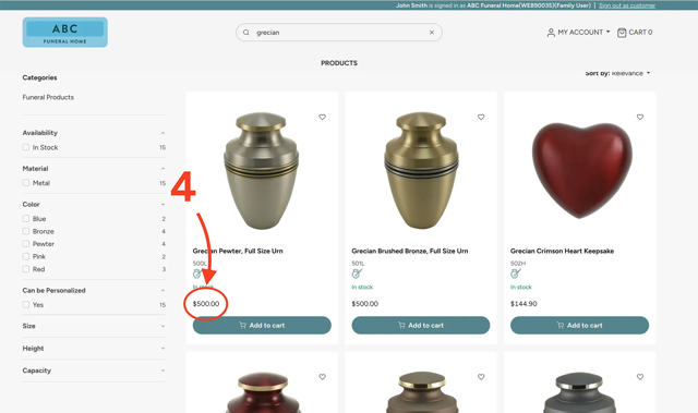 arrow pointing to updated price for Grecian Pewter Urn