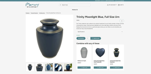 product page for Trinity Moonlight Blue Full Size Urn