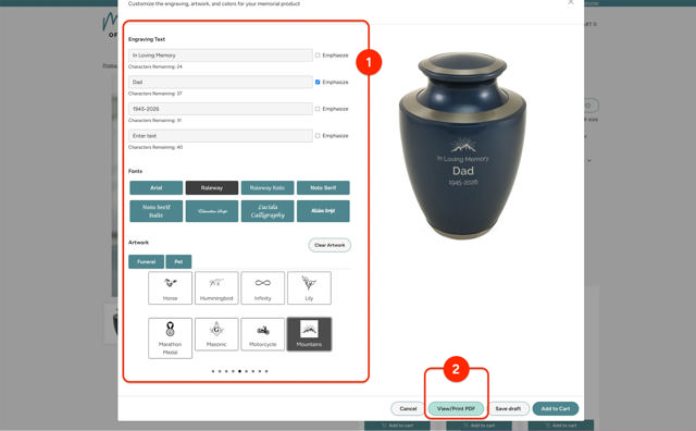 personalization page with annotations for viewing and printing a pdf