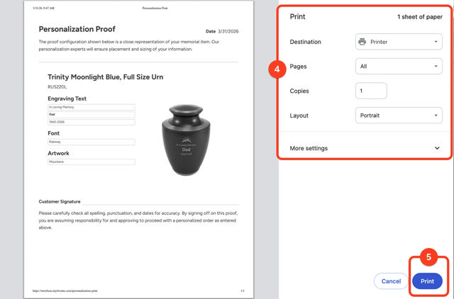 Chrome print dialog box with print options circled