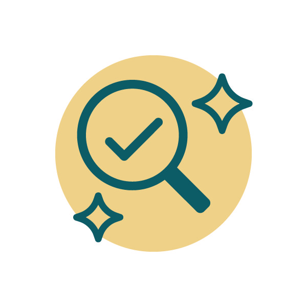 icon of magnifying glass with checkmark and stars