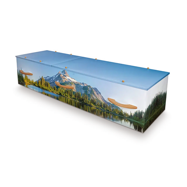cremation container with mountain scene on the side