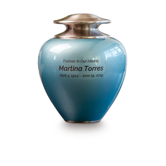 blue urn with black personalized text
