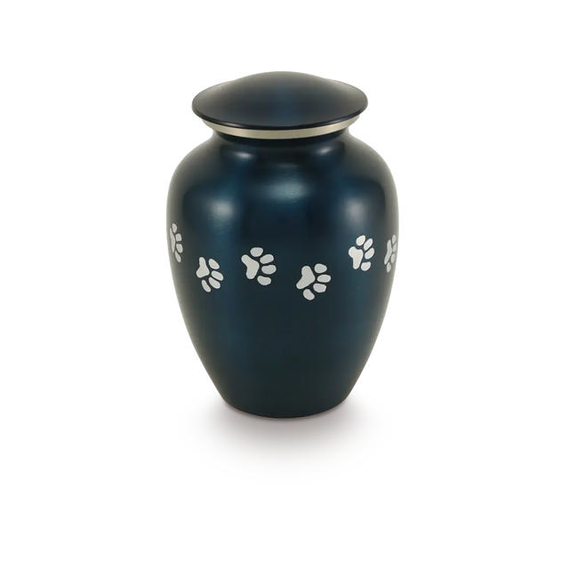 blue urn with silver paw prints