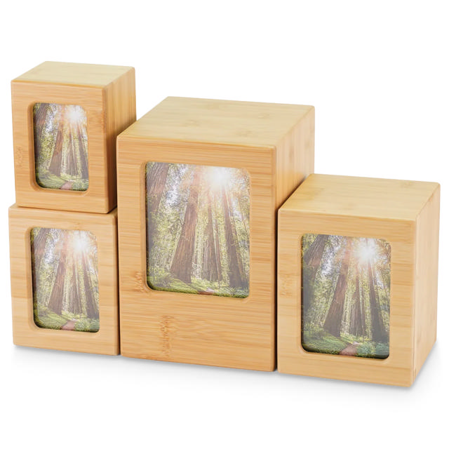 four urns with photos made of bamboo
