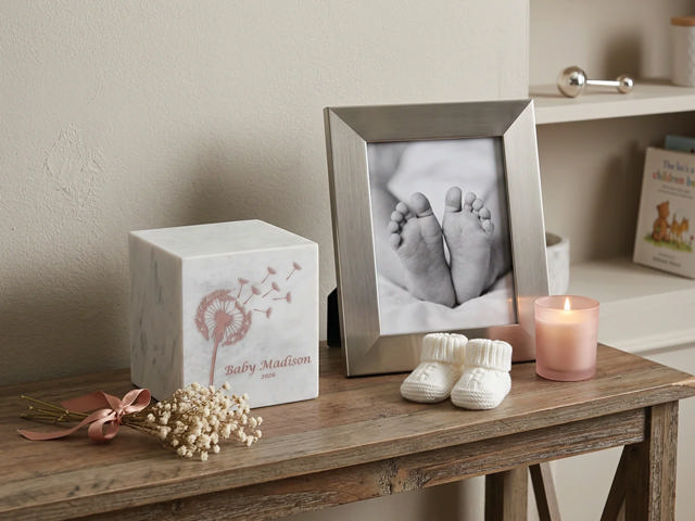 white marble urn with dandelion design next to a framed photo of a child's feet