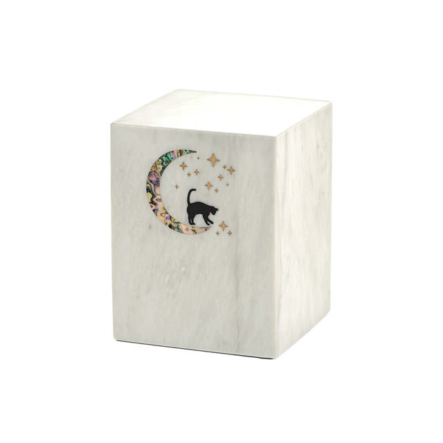 Monumental Memorials Pet Cat Moon Pink Inlay, White