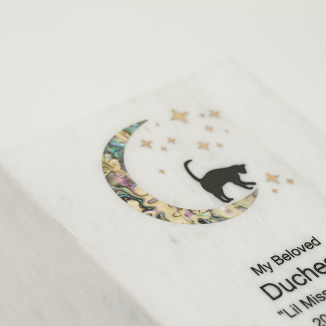 Monumental Memorials Pet Cat Moon Pink Inlay, White