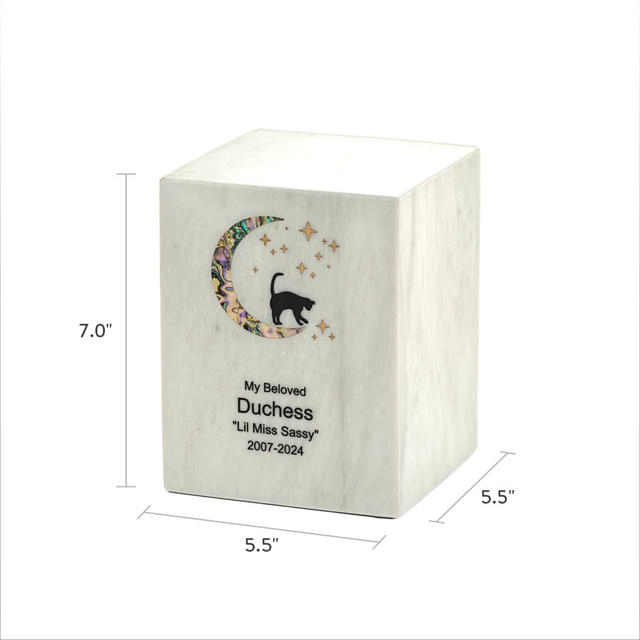 Monumental Memorials Pet Cat Moon Pink Inlay, White