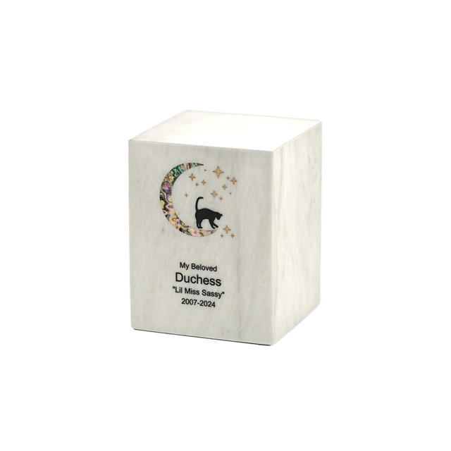 Monumental Memorials Pet Cat Moon Pink Inlay, White