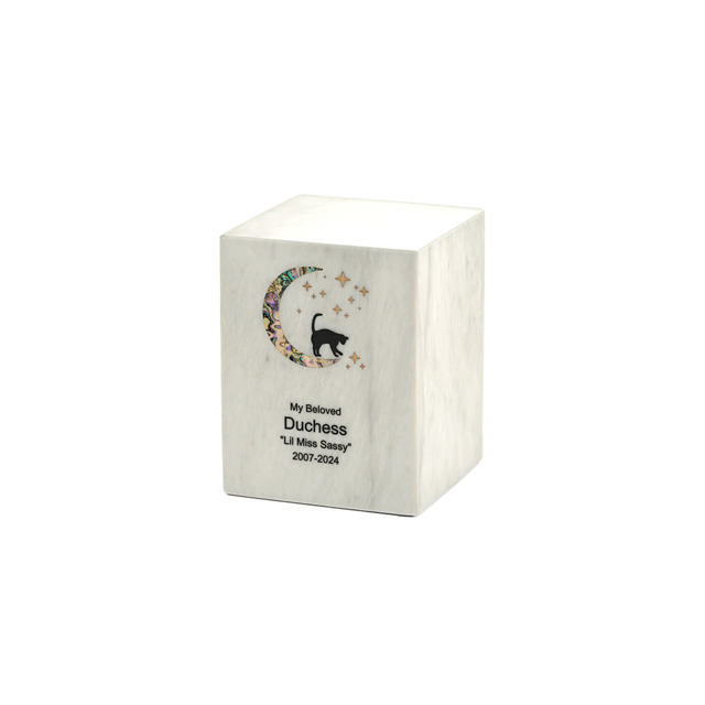 Monumental Memorials Pet Cat Moon Pink Inlay, White